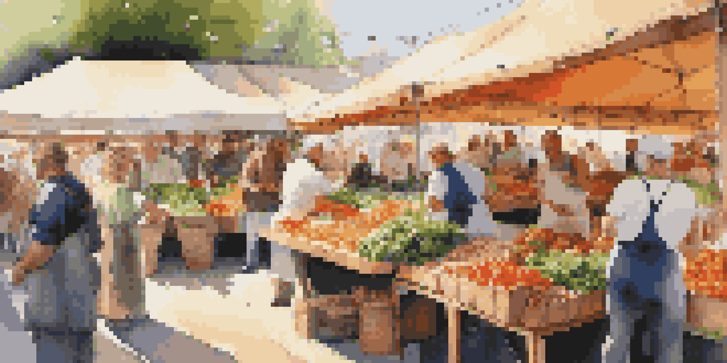 A lively Italian market with fresh produce, local chefs selecting ingredients, and sunlight casting shadows.