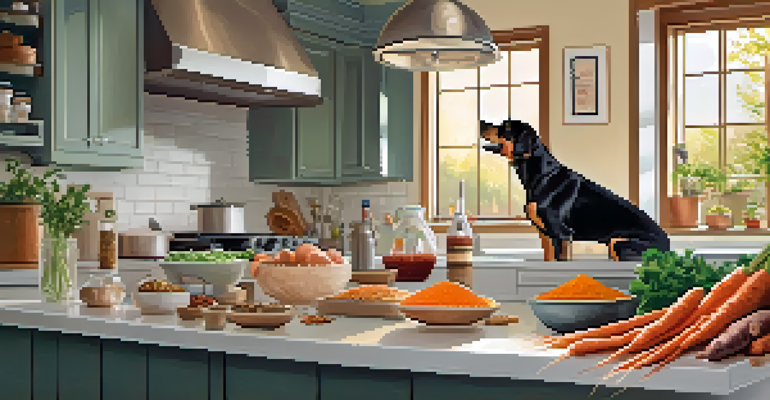 A kitchen with a pet owner preparing fresh, homemade gourmet pet food, surrounded by colorful ingredients and a dog watching in anticipation.