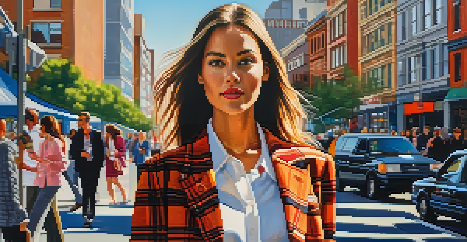A young woman in a plaid skirt and blazer walks on a busy urban street filled with modern buildings and street art, showcasing 1990s fashion.