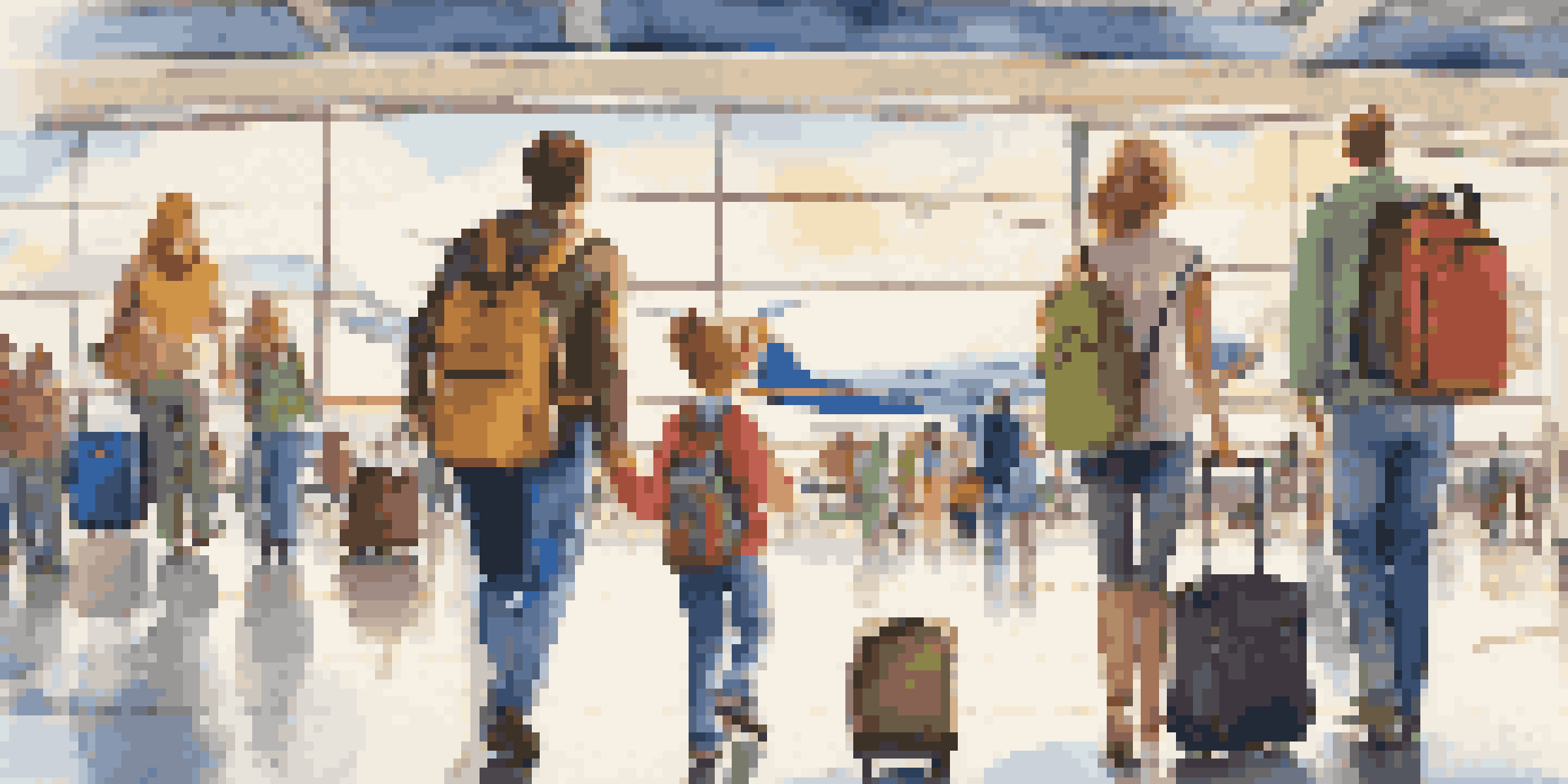 A family with two kids exploring an airport terminal, surrounded by vibrant signage and a view of an airplane outside.