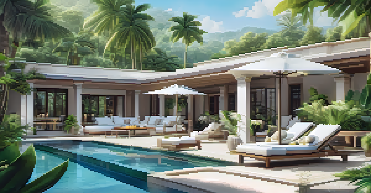 A luxury villa's outdoor pool area surrounded by tropical plants, sun loungers, and a beautifully arranged dining setup.