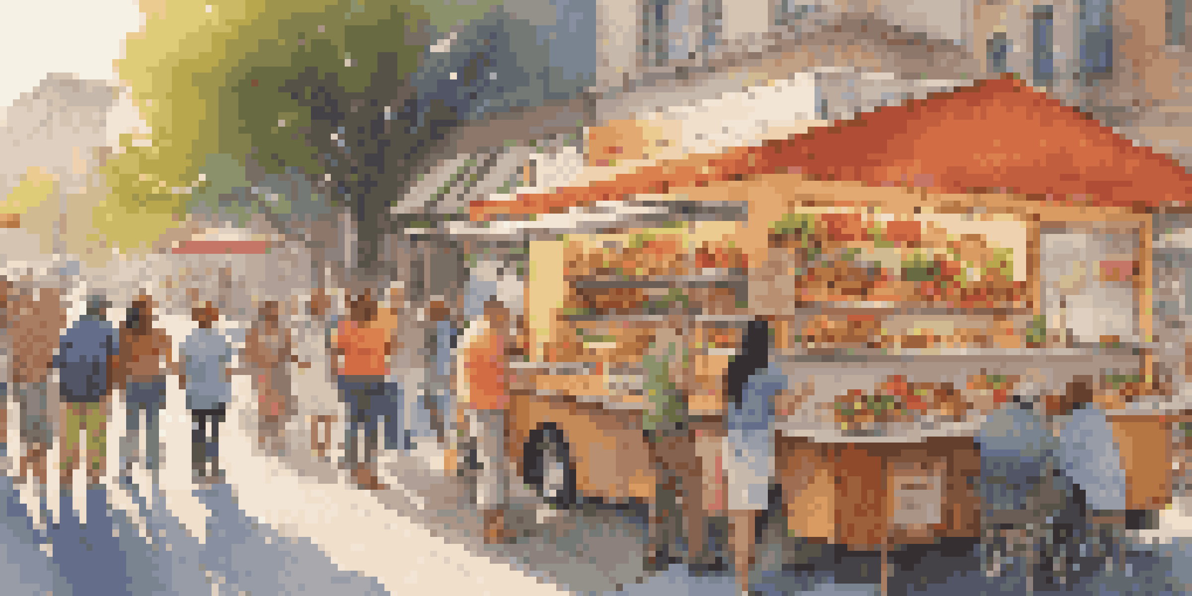 A colorful gourmet food truck in a lively street scene with happy people enjoying their meals.