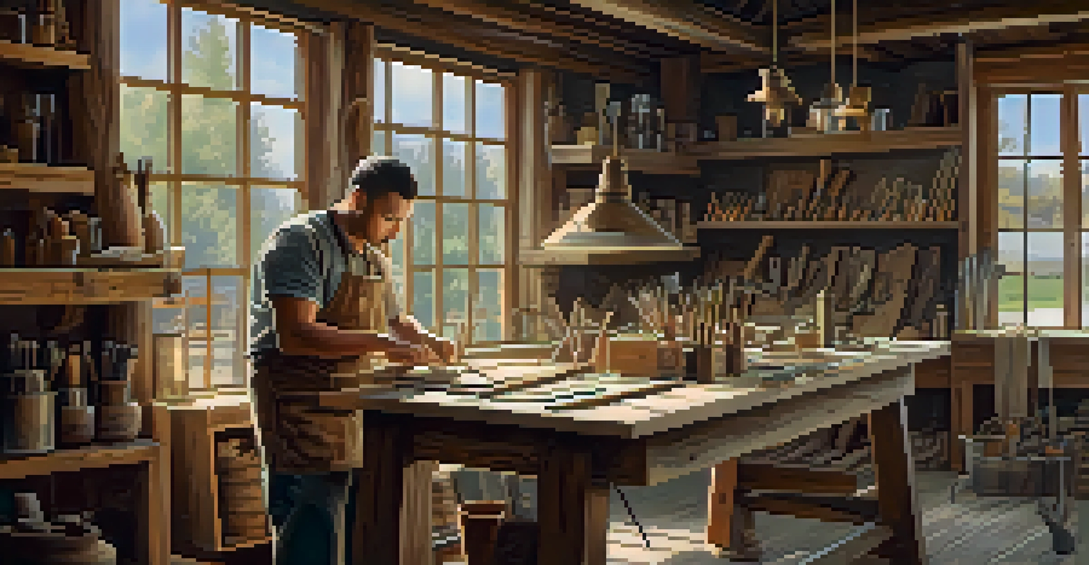 An artisan in a workshop crafting a luxury item from reclaimed wood, with tools and finished products around.