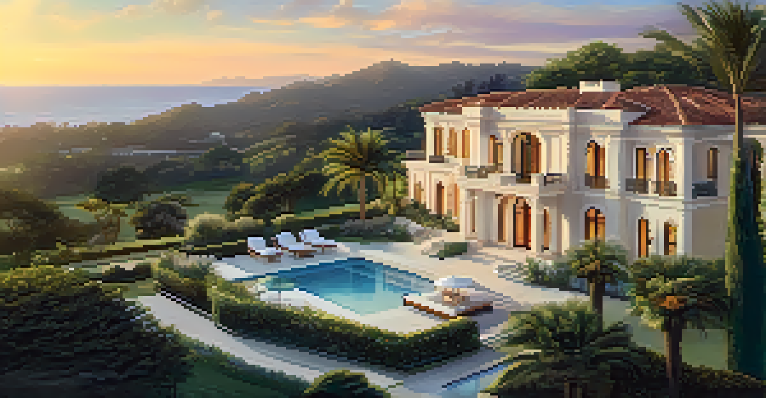 An aerial view of a luxurious home with gardens and a pool, illuminated by the golden sunset.