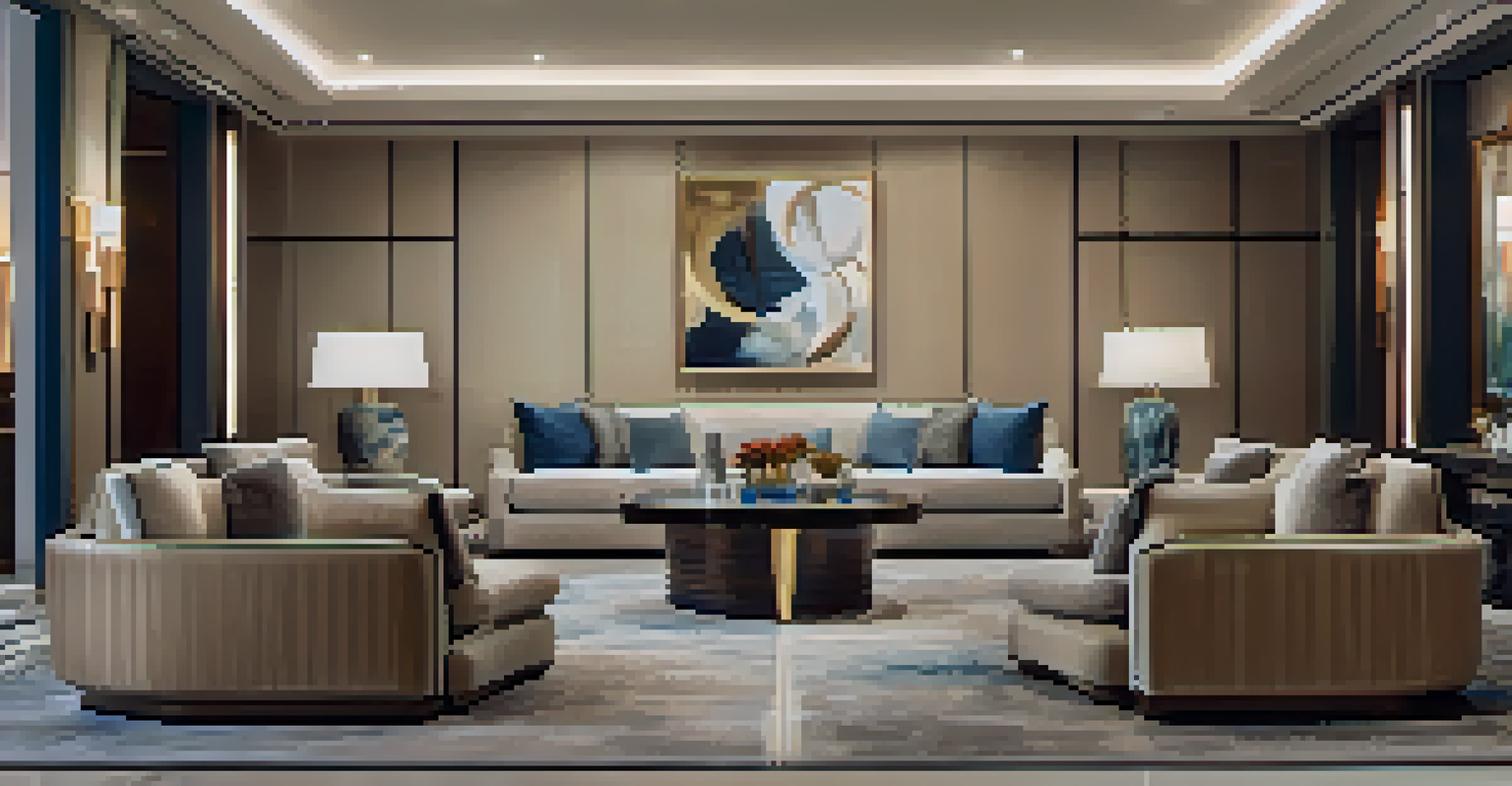 A luxurious hotel lobby with contemporary art and elegant furnishings under soft lighting.