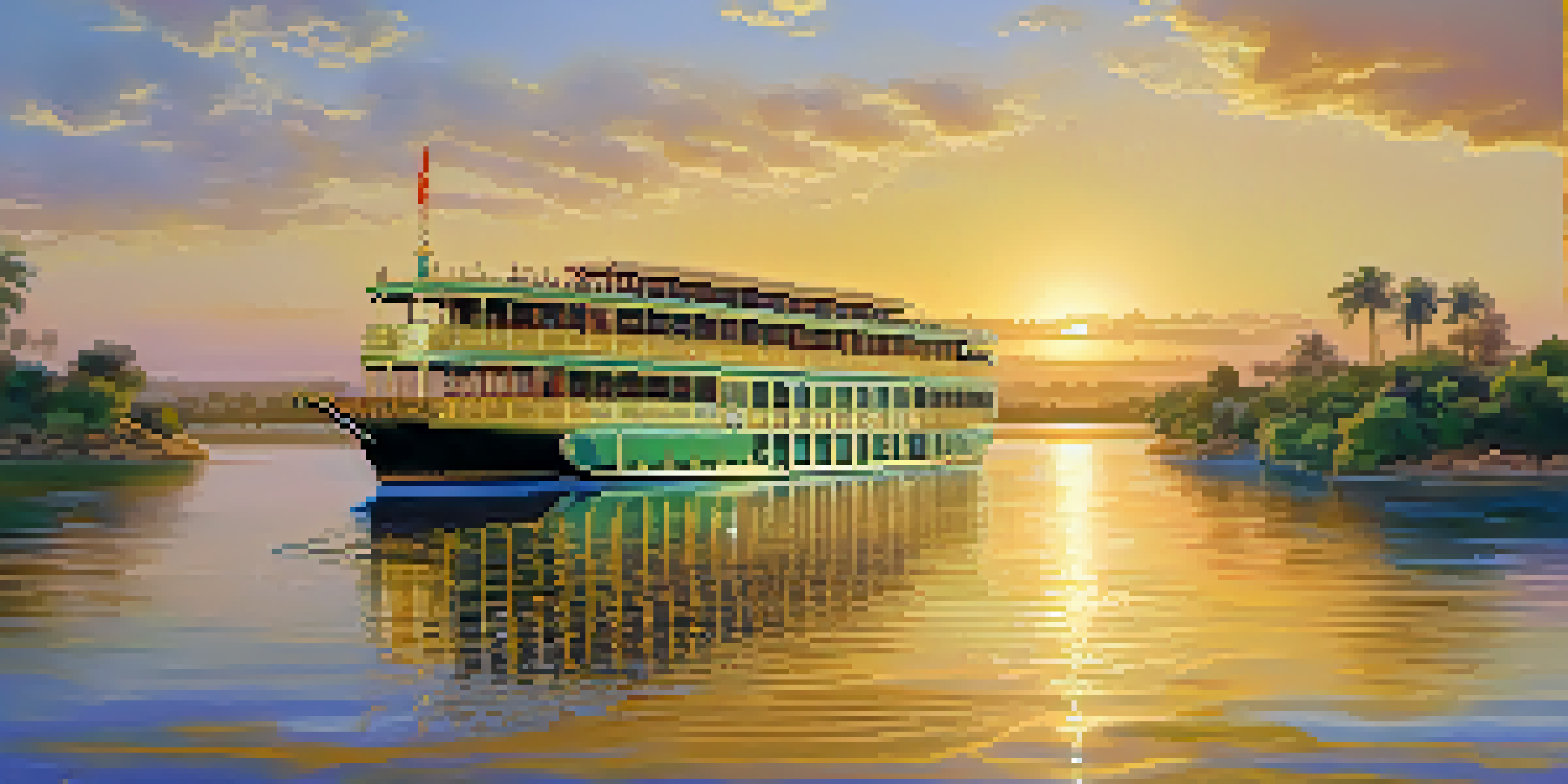 A luxurious cruise ship on the Nile River at sunrise, with ancient temples and lush banks in the background.
