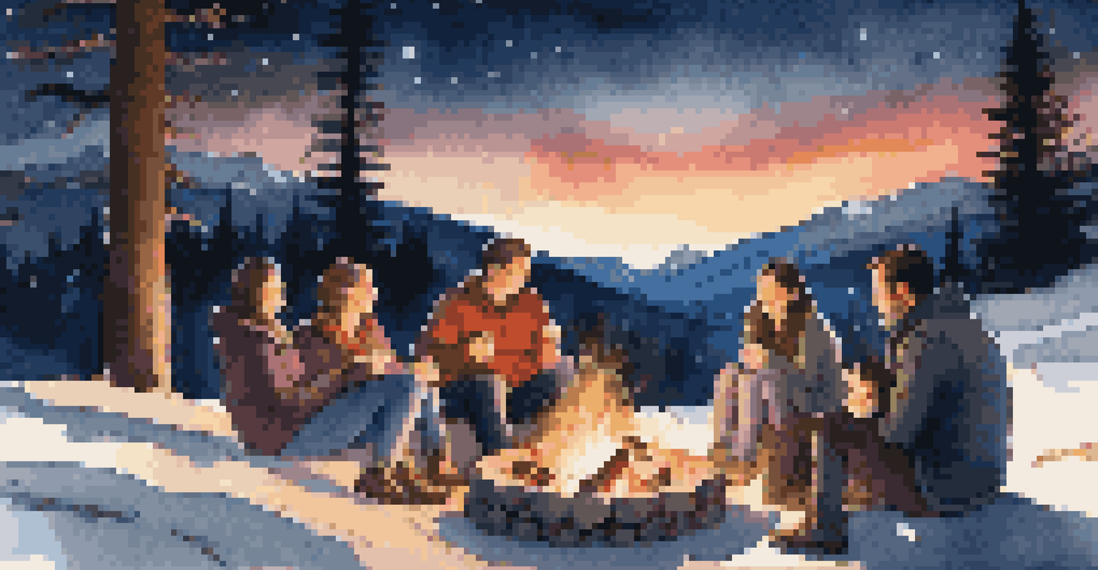 A family gathered around a fire pit sharing stories under a starry sky at a mountain retreat.