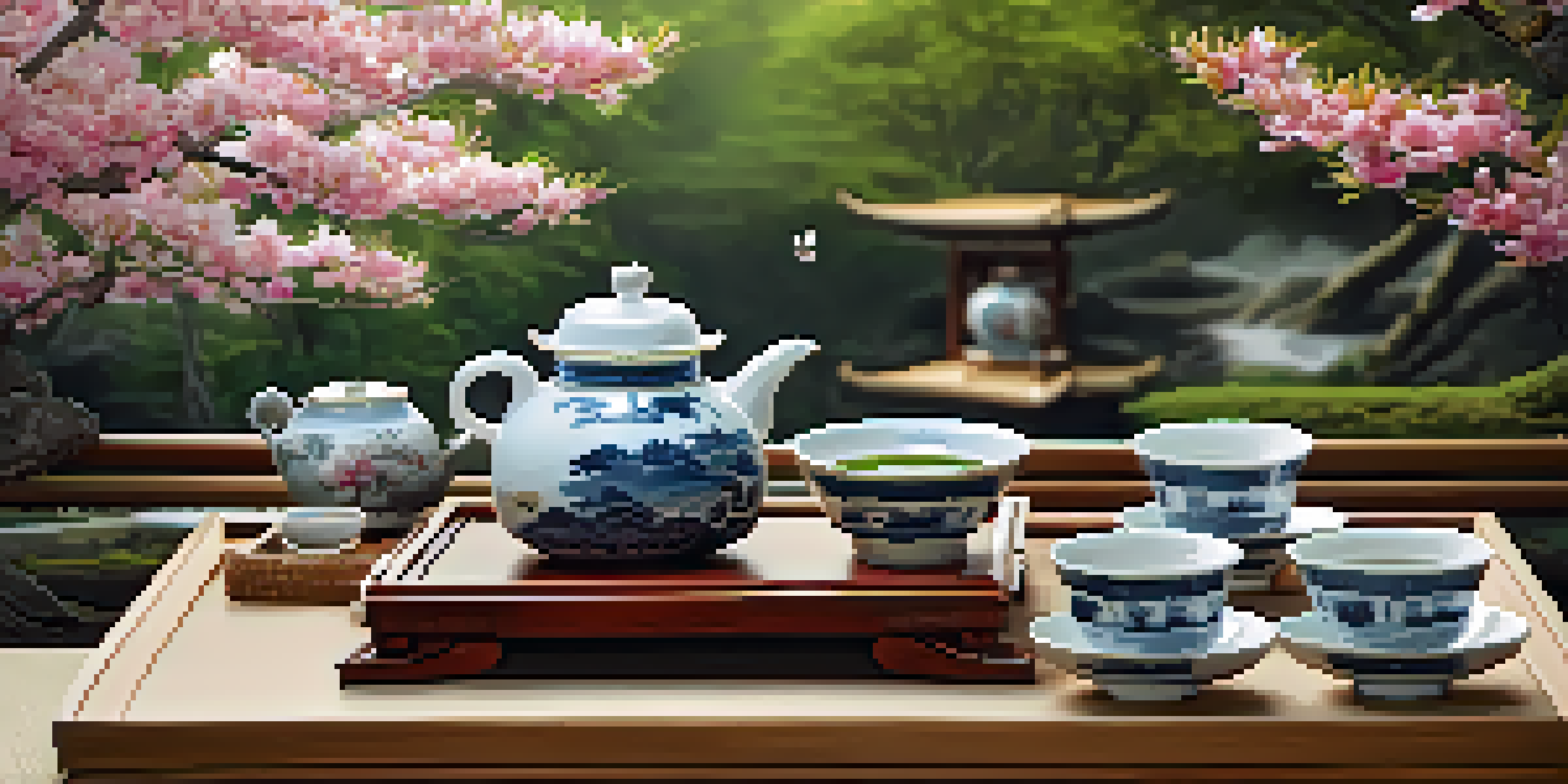 A tranquil setting for a Chinese tea ceremony, with a wooden table, porcelain cups, and a garden backdrop.
