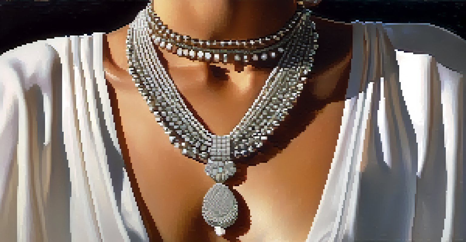 A close-up image of a person wearing layered necklaces of different lengths, emphasizing the textures and shine of the jewelry.