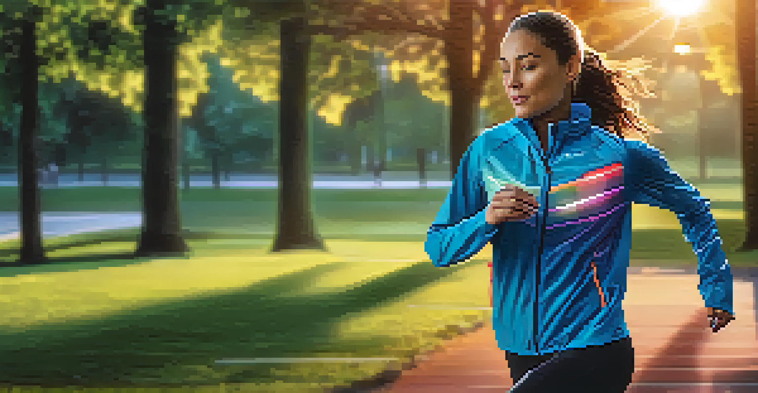 An outdoor park scene with a runner wearing a smart jacket that monitors heart rate, vibrant sunset colors, and visible embedded technology.