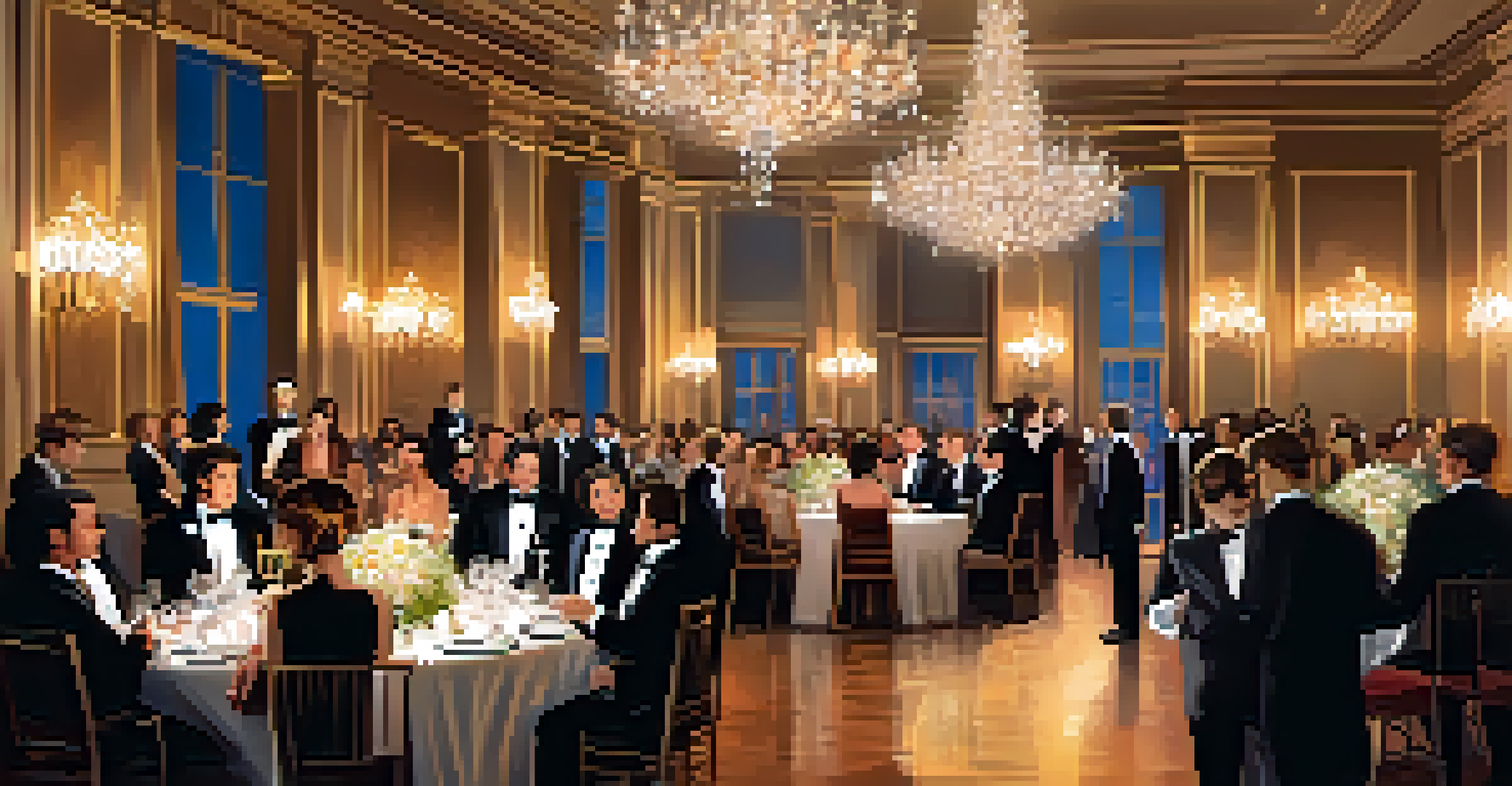 A gala event with elegantly dressed people mingling under chandeliers, surrounded by floral decorations and soft lighting.
