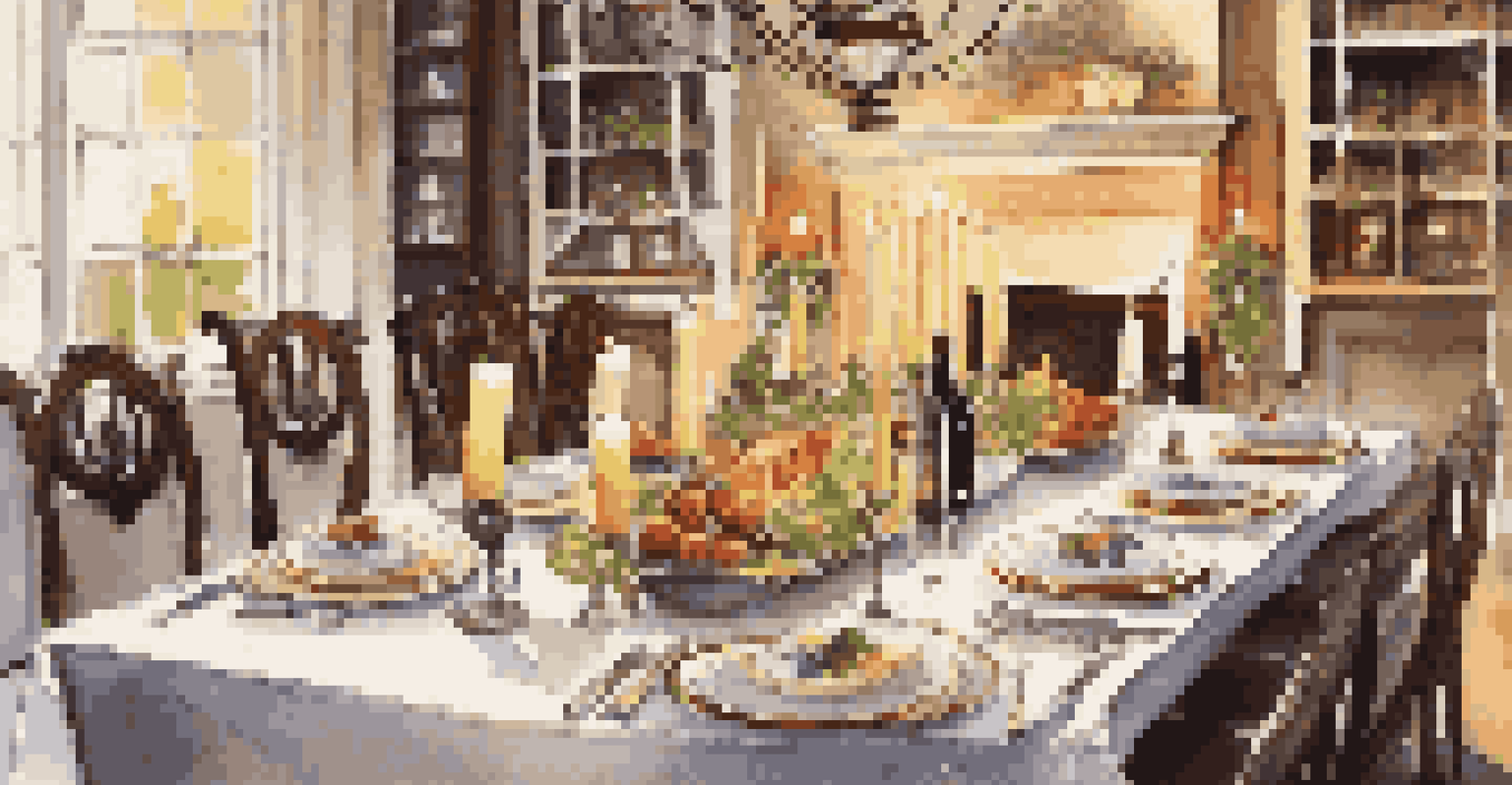 A cozy dinner table set with unique wine varietals and gourmet dishes, decorated with candles and flowers.