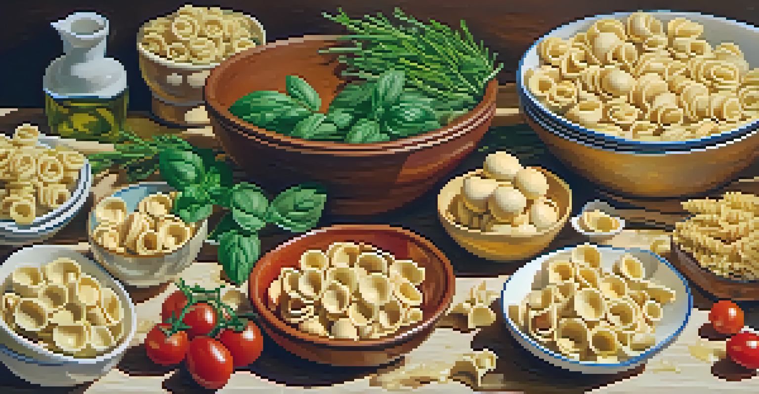 An overhead view of a rustic kitchen countertop with various handcrafted pasta shapes, fresh herbs, and cherry tomatoes, illuminated by natural light.