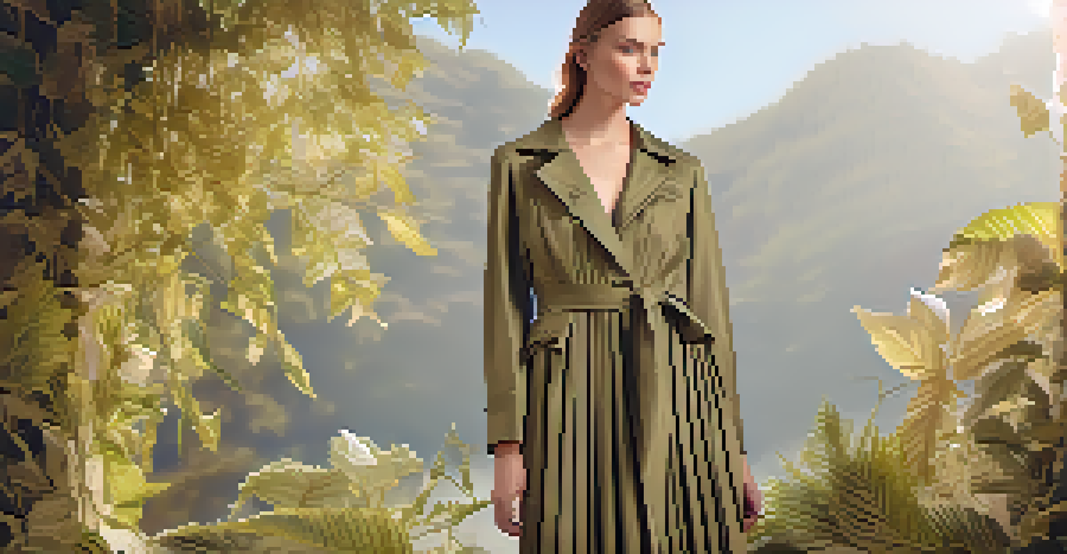 A sustainable fashion piece made from recycled materials, displayed amidst natural elements with soft lighting.