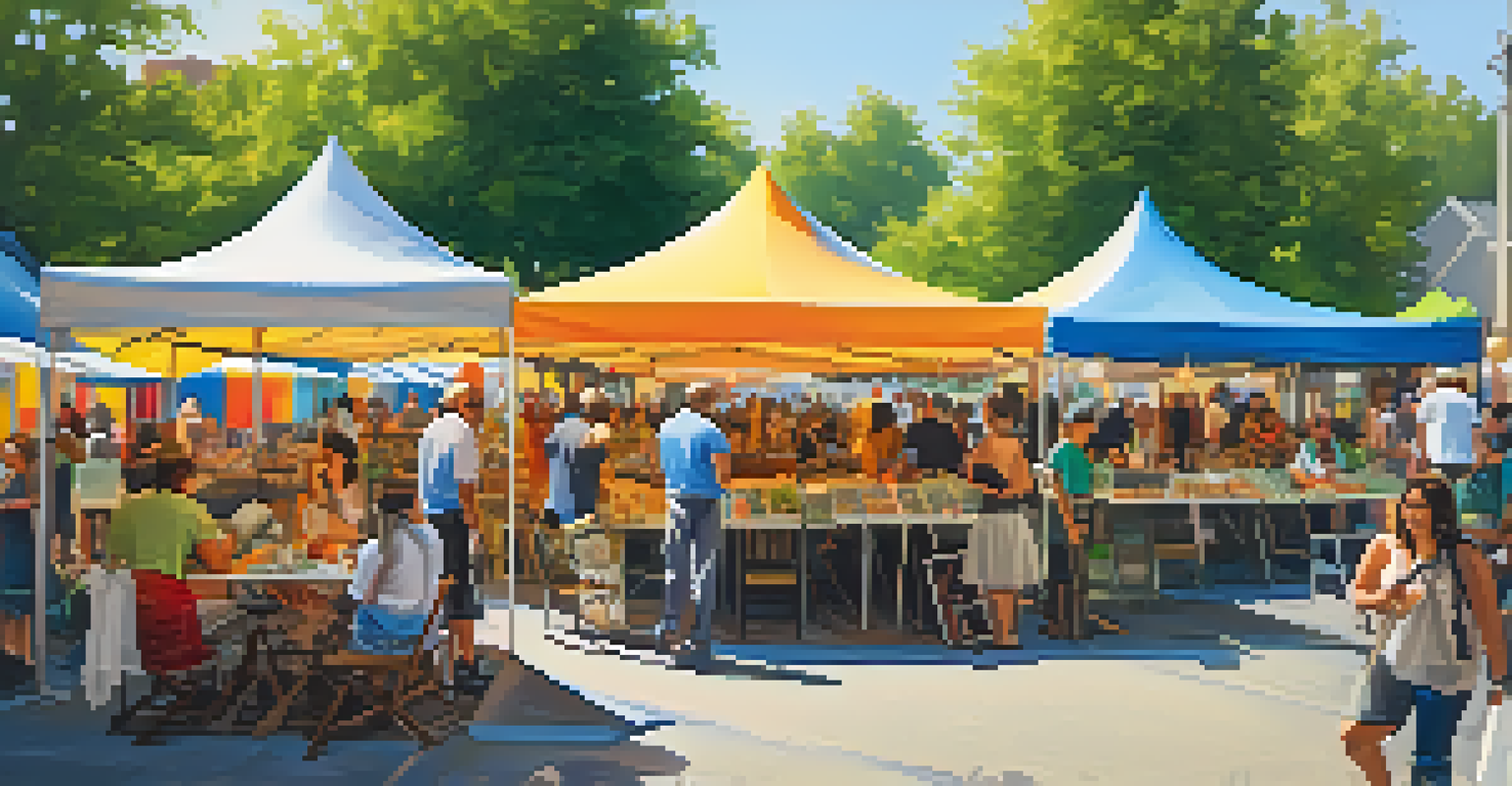An outdoor art fair with artists displaying their works and visitors enjoying the festive atmosphere.