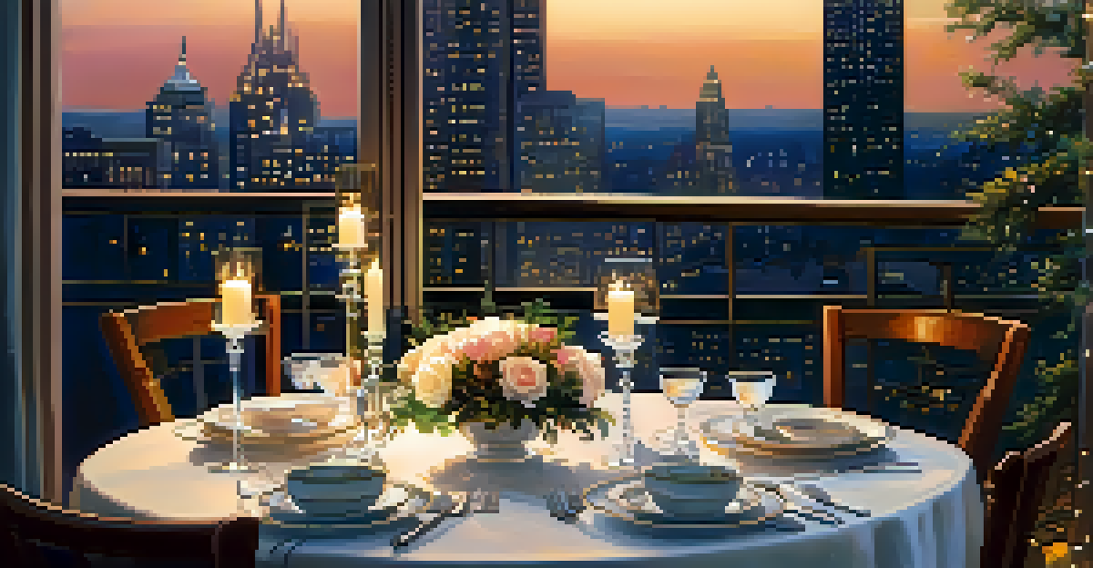 An upscale dining table on a balcony with a city skyline view at night, featuring candlelight and fine tableware.