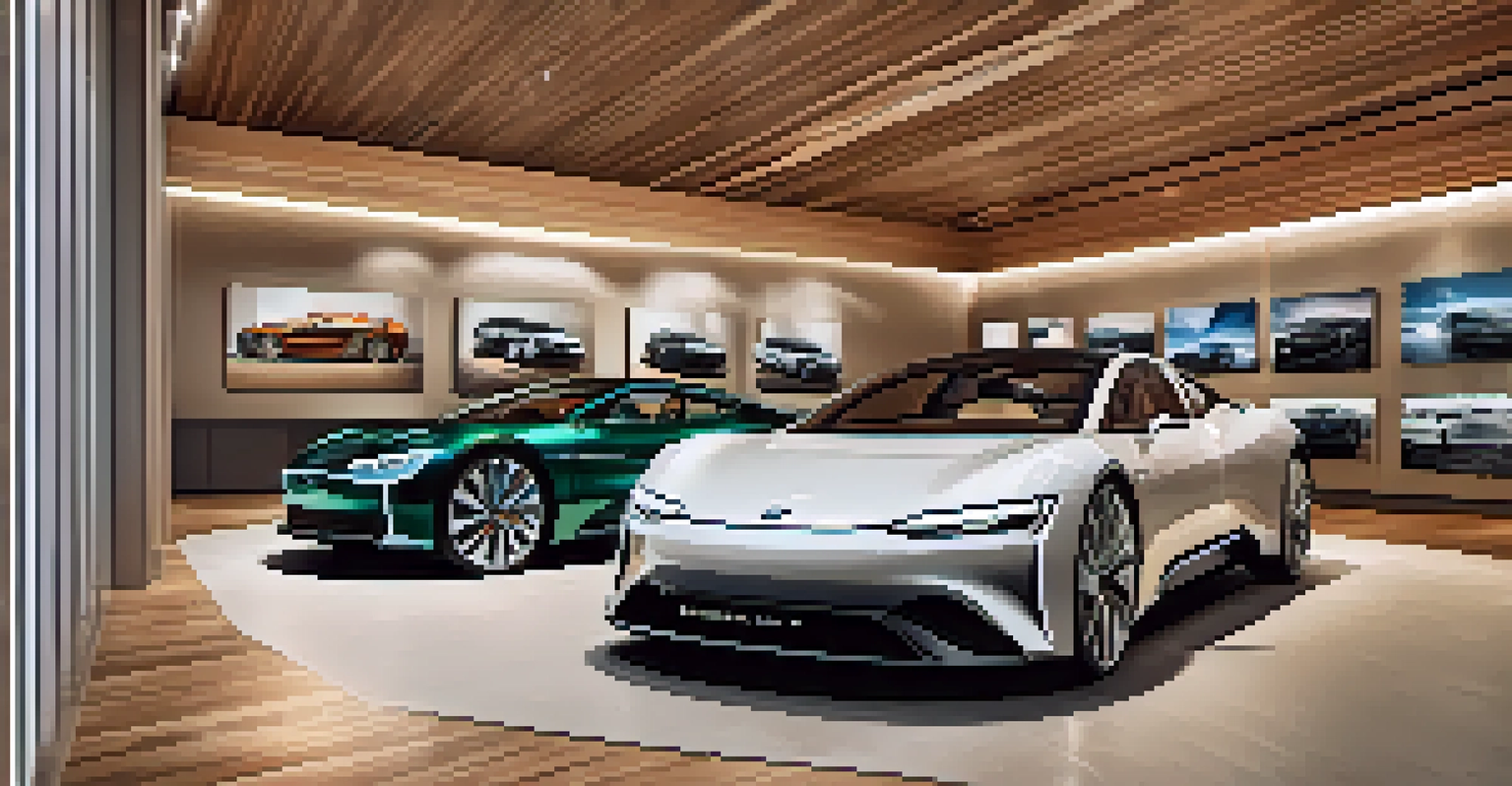 The interior of a luxury showroom showcasing electric vehicles with sustainable materials and warm lighting.