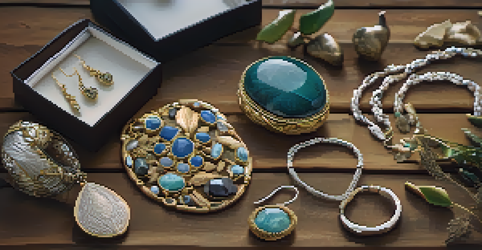 A collection of hand-crafted artisanal jewelry displayed on a wooden table, surrounded by natural elements.