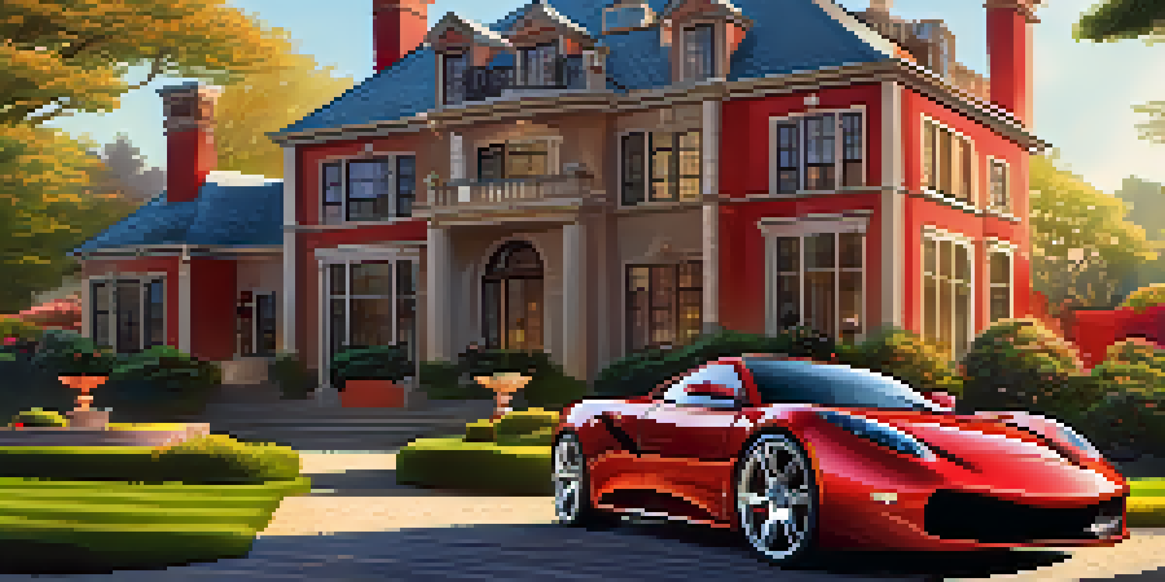 A vibrant red sports car parked in front of a modern mansion with a manicured garden at sunset.