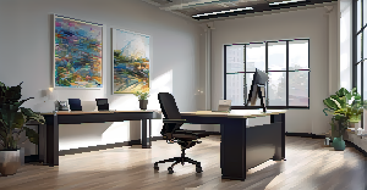 A creative workspace with a smart standing desk, wireless charging station, and contemporary art, illuminated by natural light.