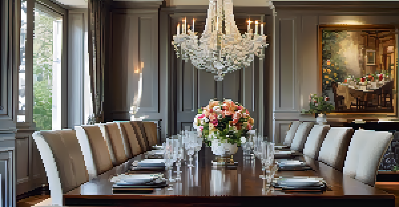An elegant dining area with a wooden table, upholstered chairs, and a chandelier, beautifully decorated with fine china and flowers.