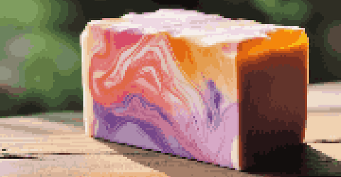 A close-up of a colorful artisanal soap bar with marbled sunset colors on a wooden surface.
