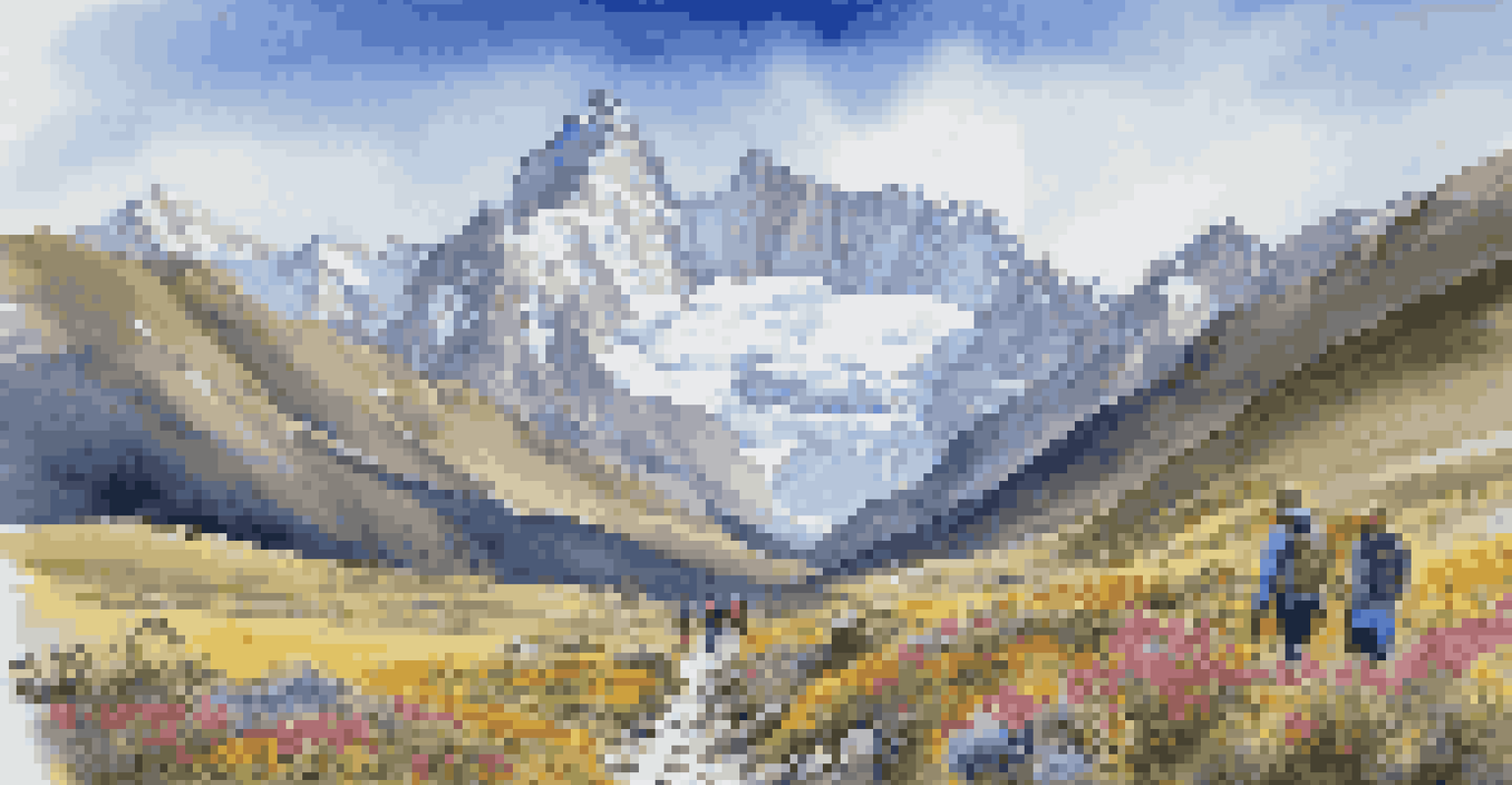 Travelers trekking through the Andes mountains with vibrant wildflowers and snow-capped peaks in the background.