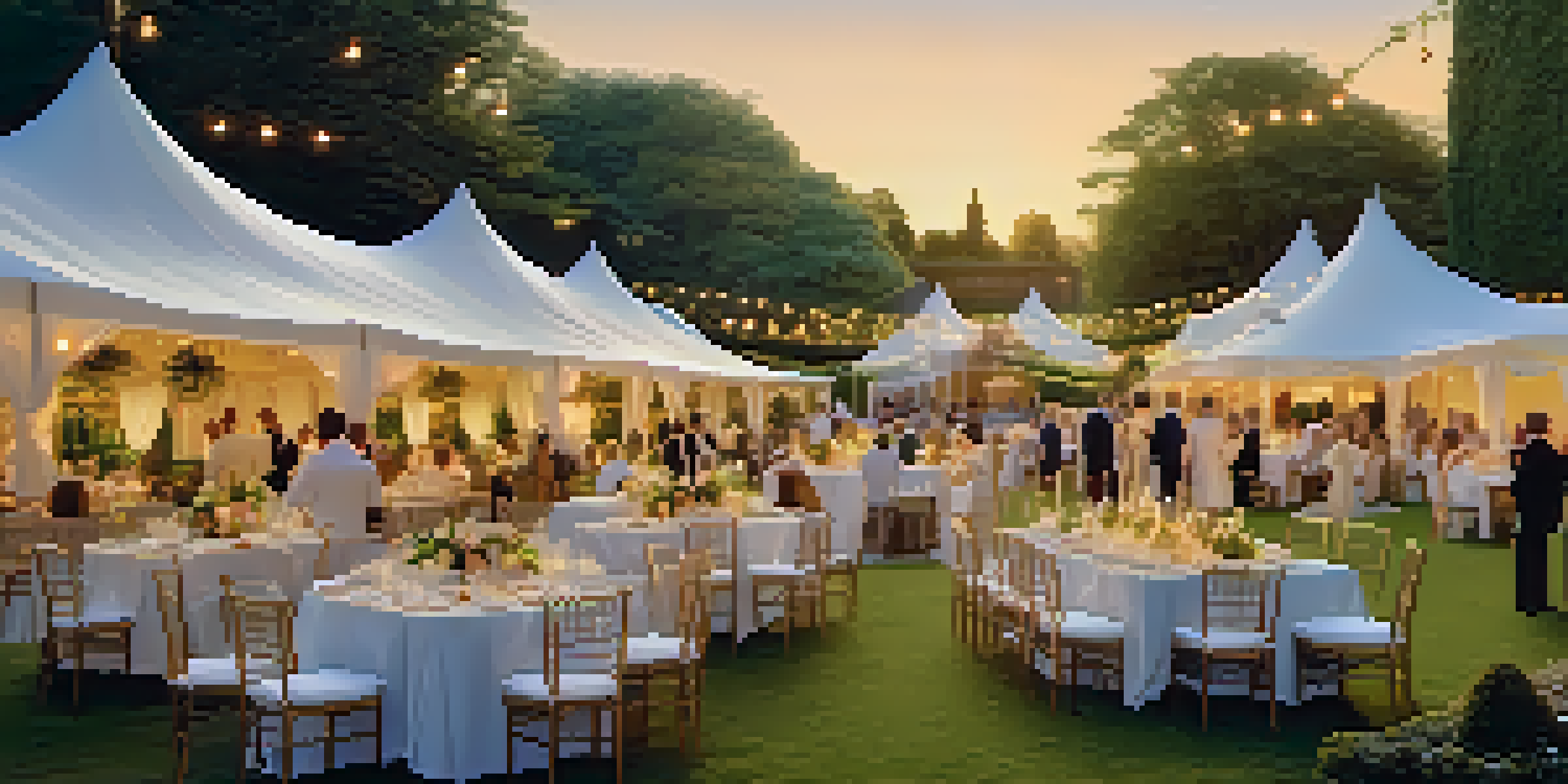 An elegant outdoor gala with guests in formal attire, illuminated by fairy lights and set in a luxurious garden.