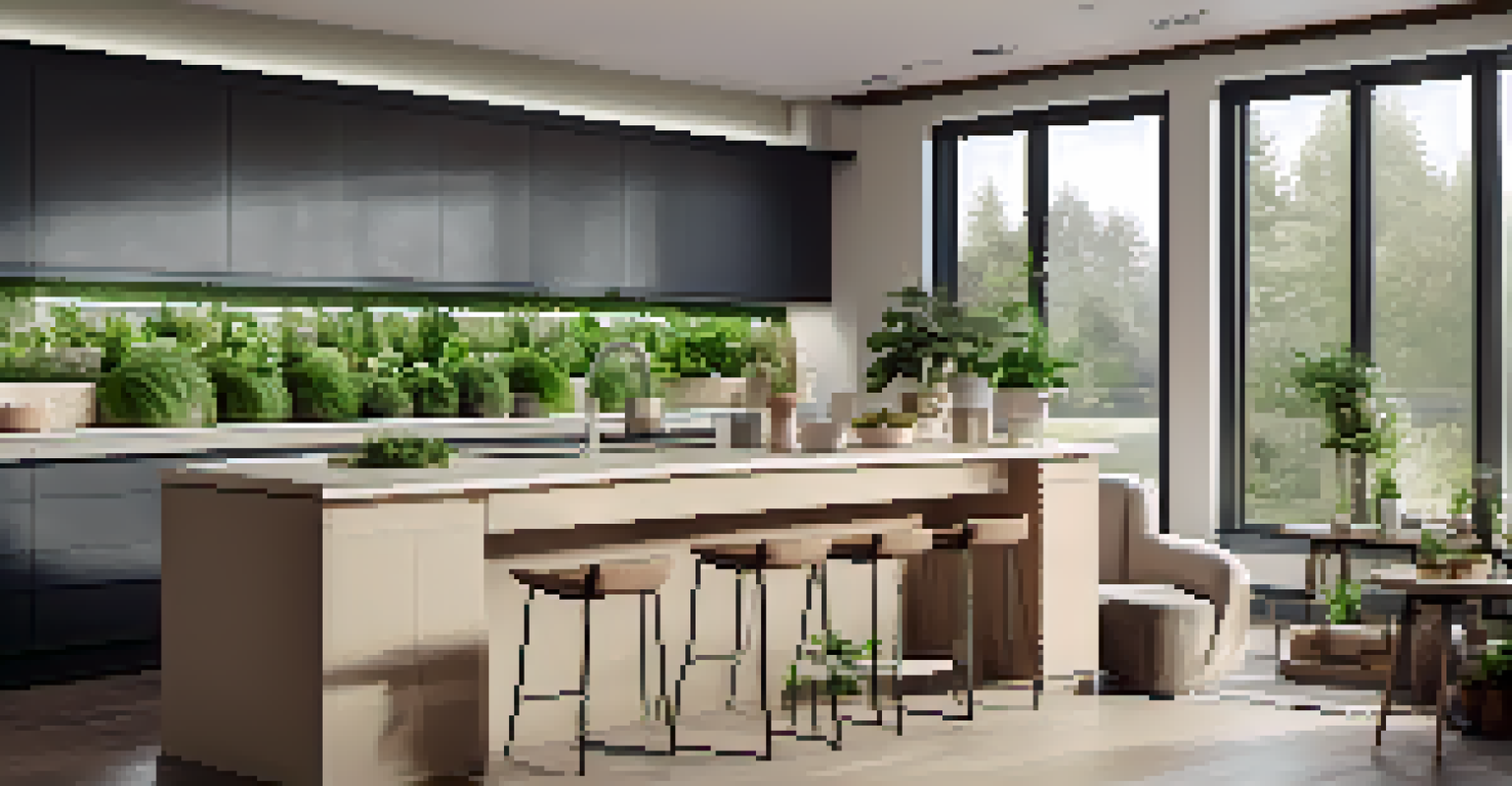 A modern kitchen with energy-efficient appliances and smart technology, featuring soft neutral colors and potted herbs on the windowsill, highlighting sustainable living.