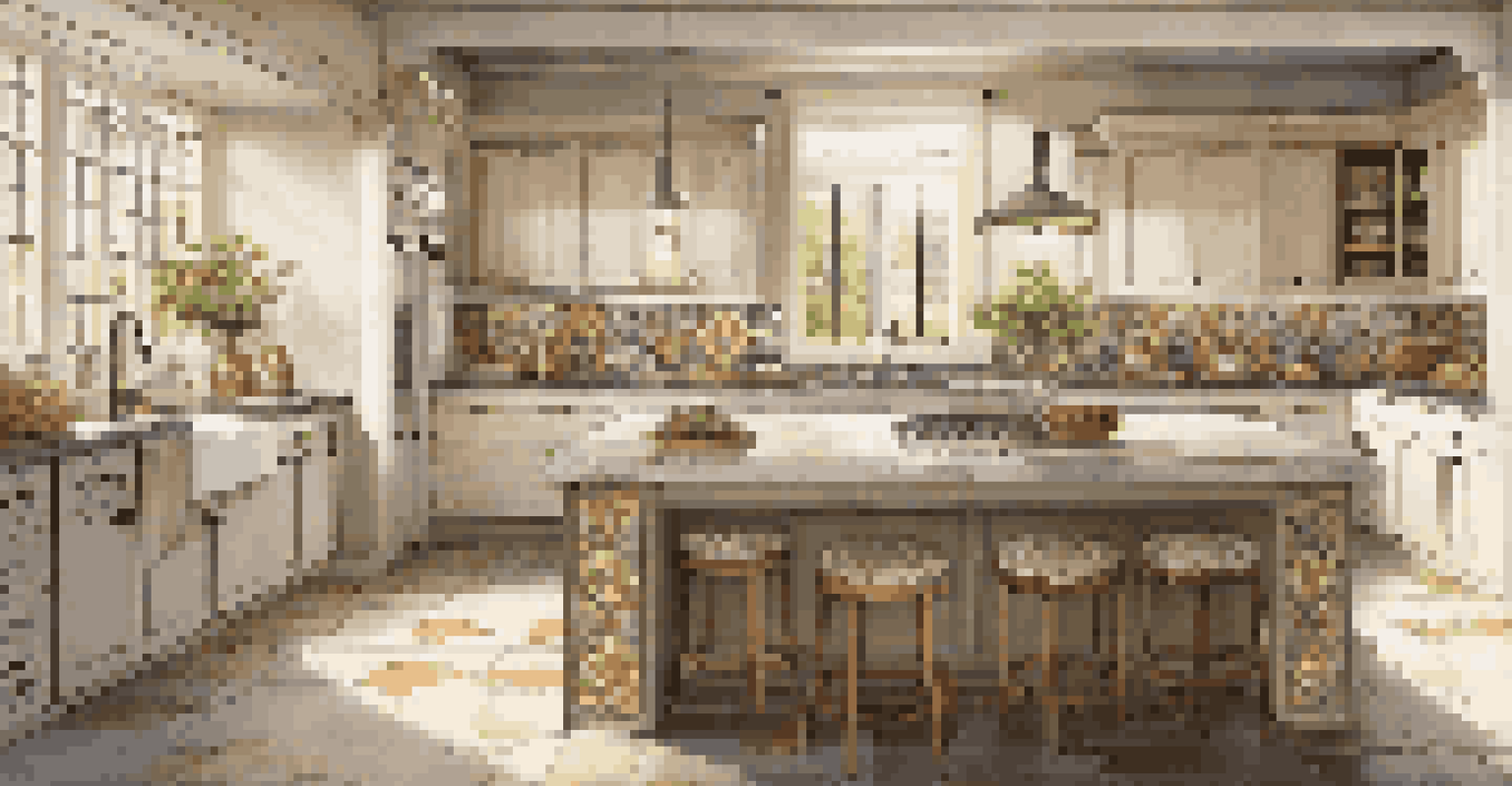 An artisanal kitchen with handcrafted ceramic tiles, bespoke cabinetry, and large windows allowing sunlight to enhance the space.