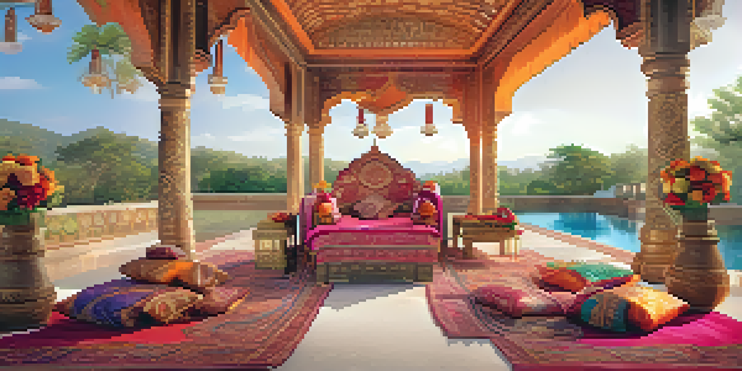 A beautifully decorated Indian wedding venue with colorful fabrics and floral arrangements, illuminated by warm lighting.