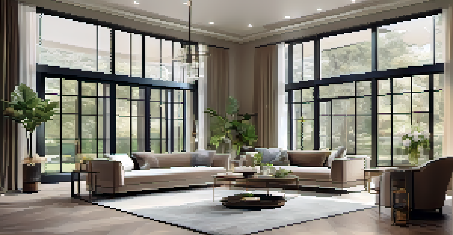 A luxurious living room filled with natural light, featuring smart home technology and a geothermal heating system, showcasing stylish eco-friendly decor.