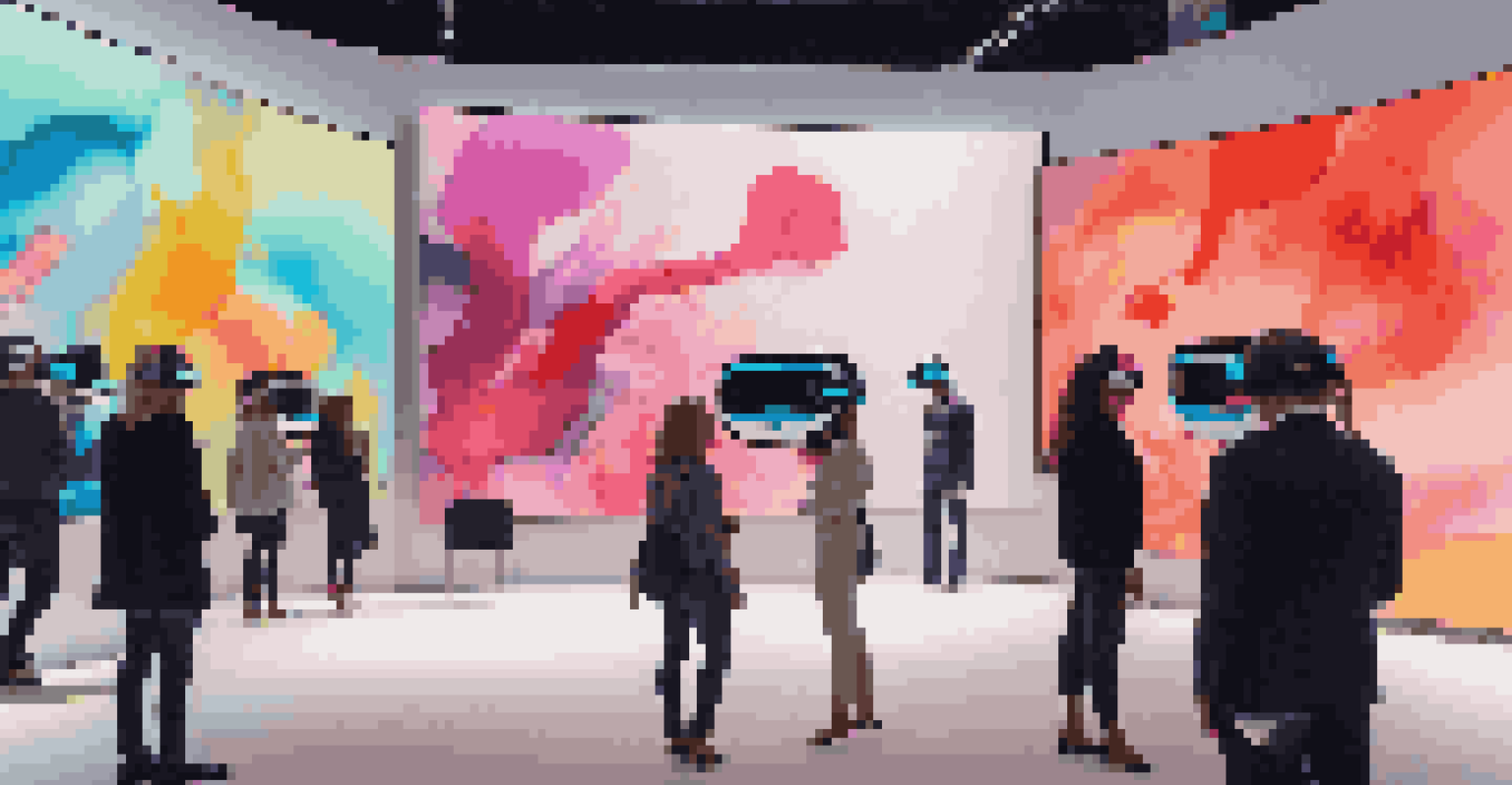 A digital art display with animated visuals and attendees wearing VR headsets at a luxury art fair.