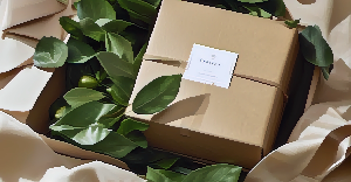 A beautifully designed unboxing scene with sustainable packaging, featuring a recycled paper box and eco-friendly materials, illuminated by soft natural light.