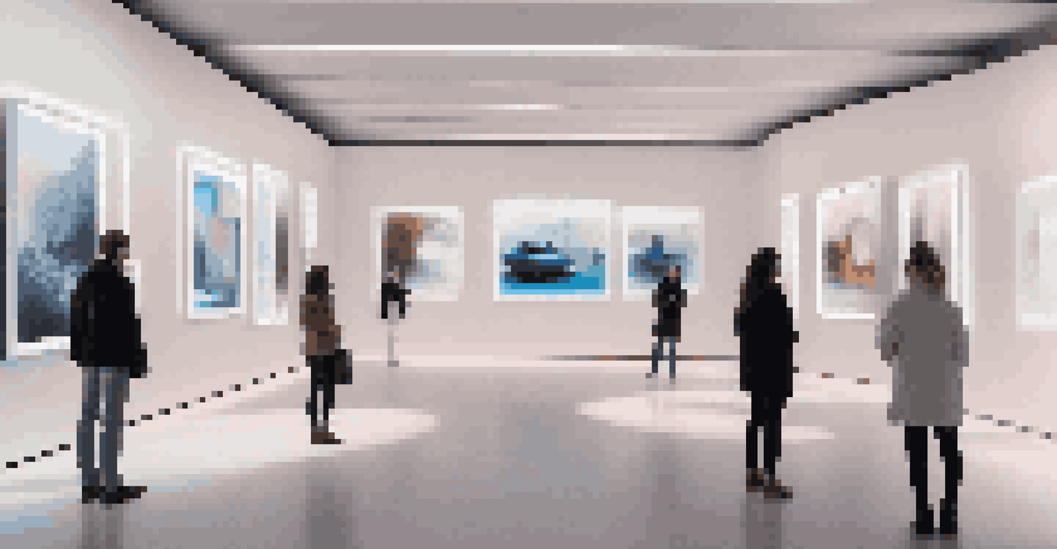 A modern gallery with luxury digital art displayed in floating frames, featuring visitors interacting with augmented reality.