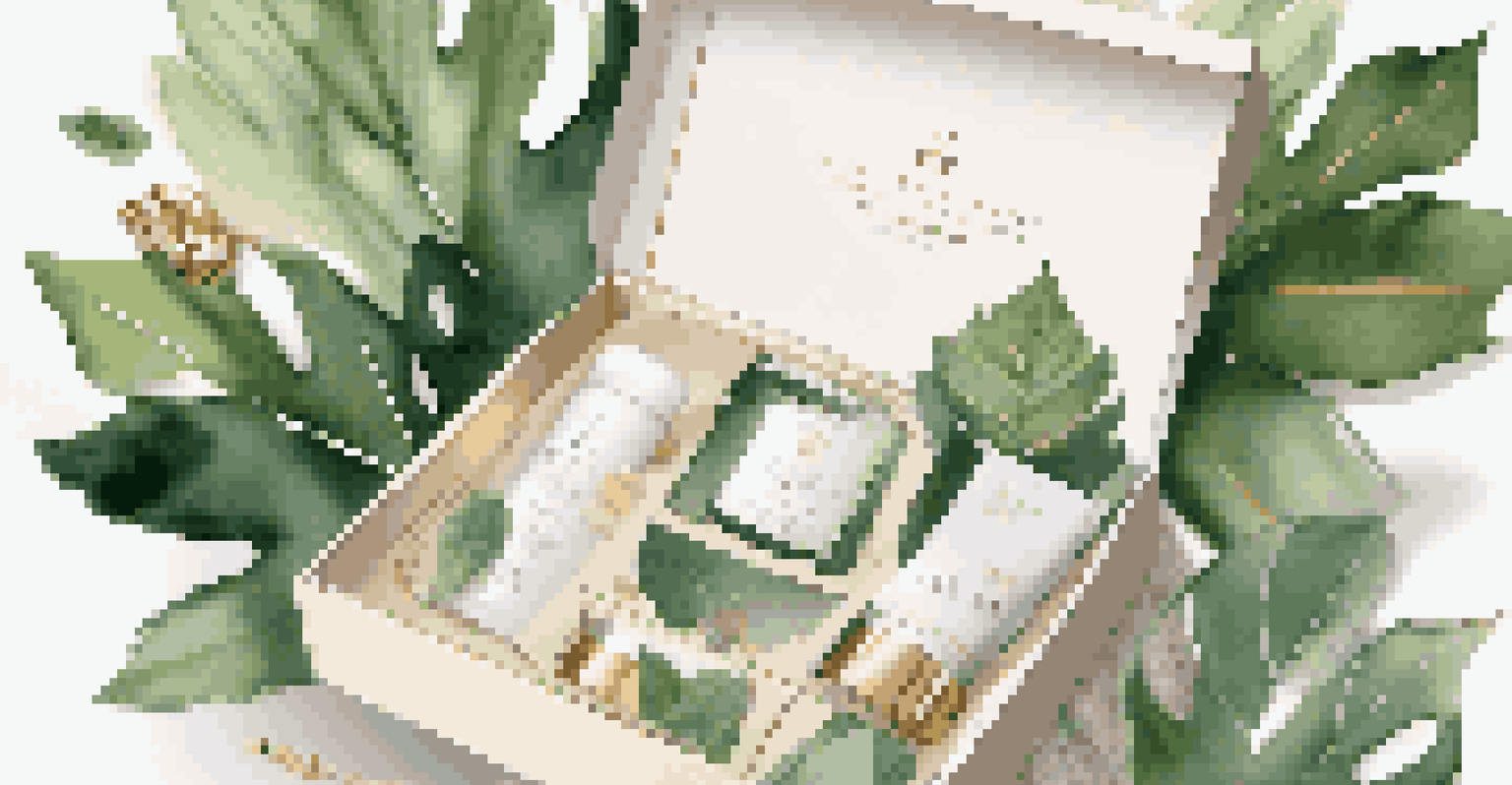 A skincare subscription box opened with luxurious products inside, surrounded by green leaves and soft lighting.