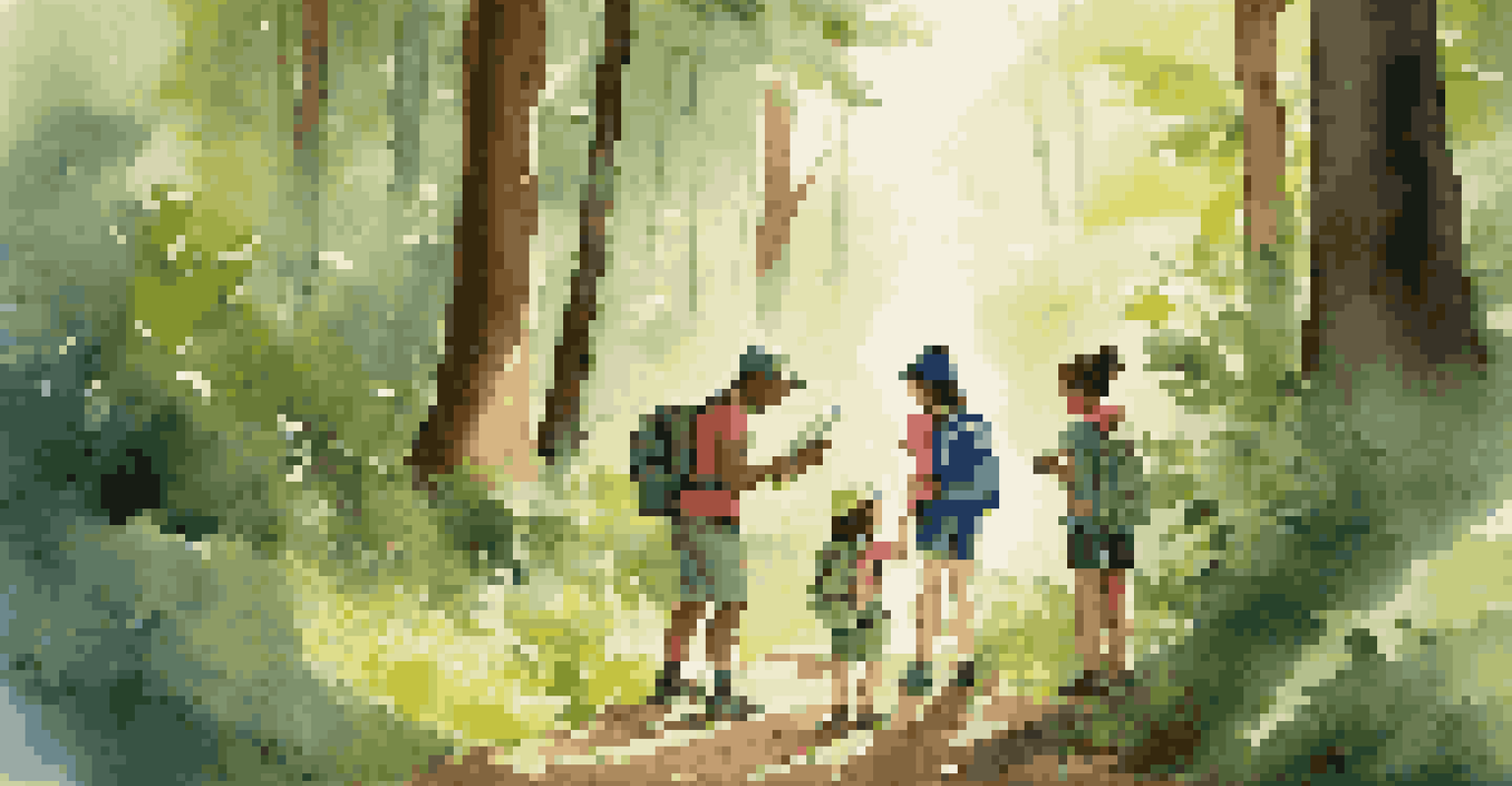 A family hiking and exploring nature, conducting a scavenger hunt for plants and insects in a lush forest.