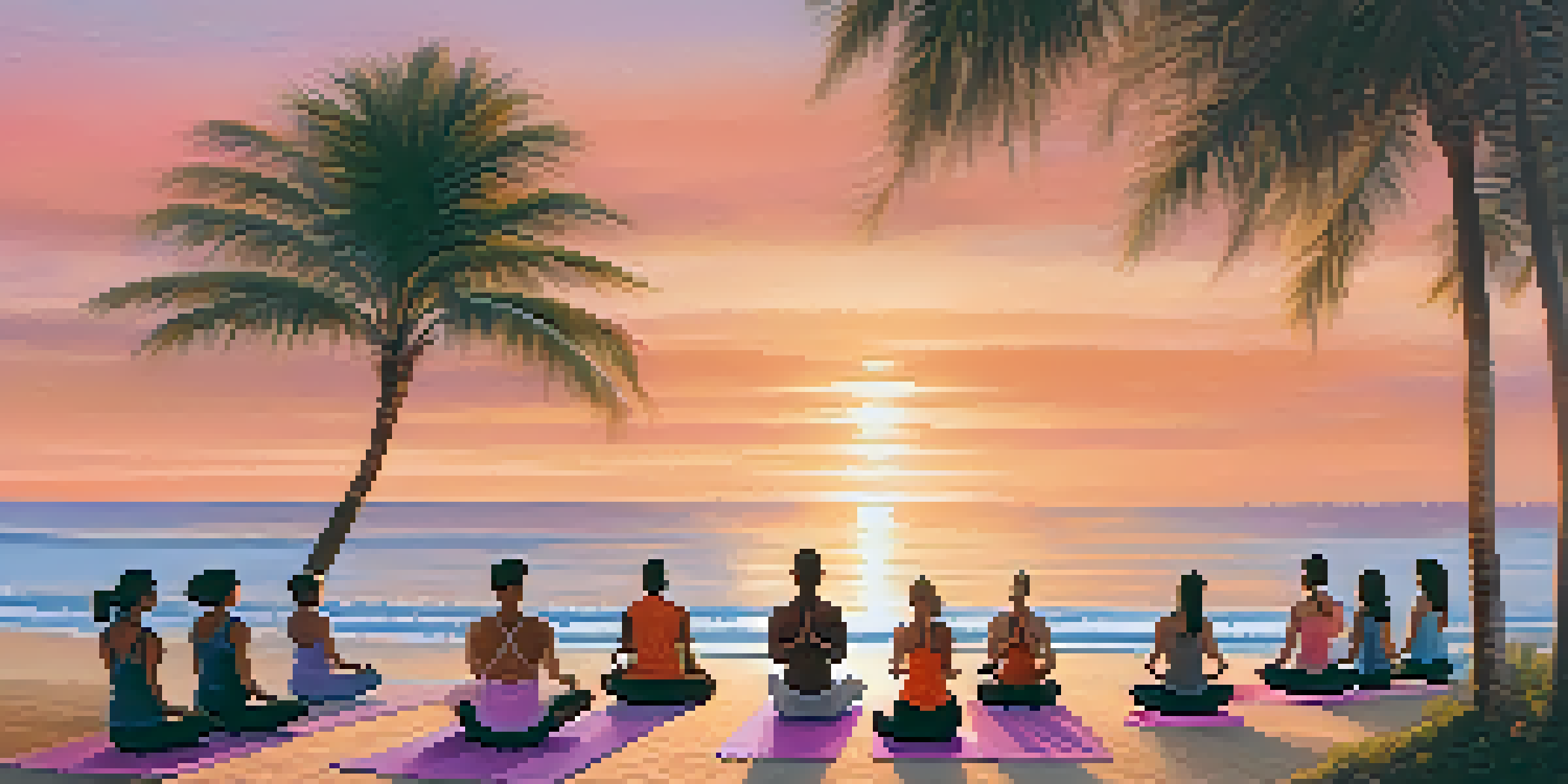 A peaceful sunset yoga session on a private beach, with participants practicing under the guidance of an instructor, surrounded by palm trees and gentle waves.