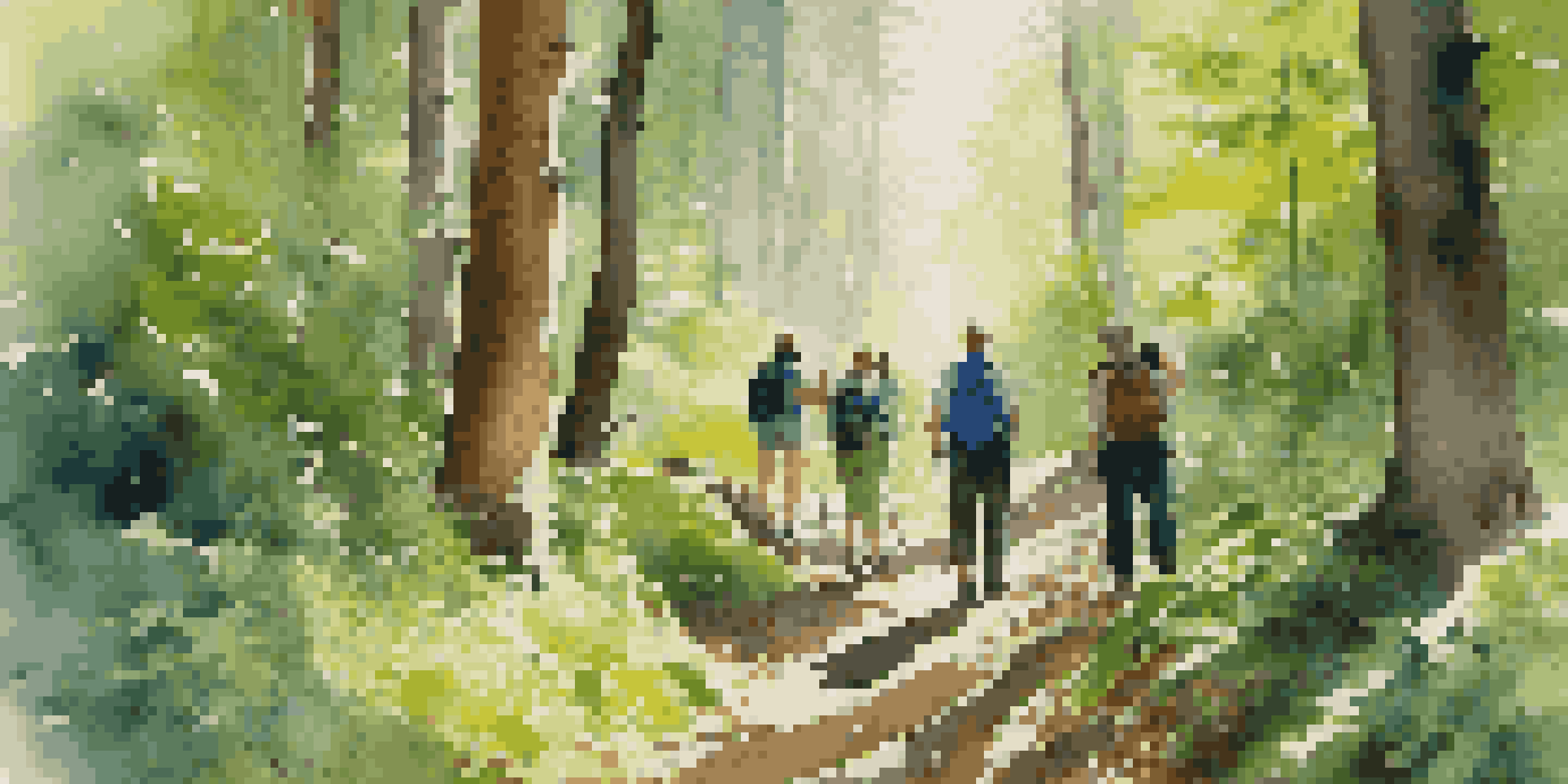 A group of hikers walking through a lush green forest, guided by an expert as sunlight filters through the trees.