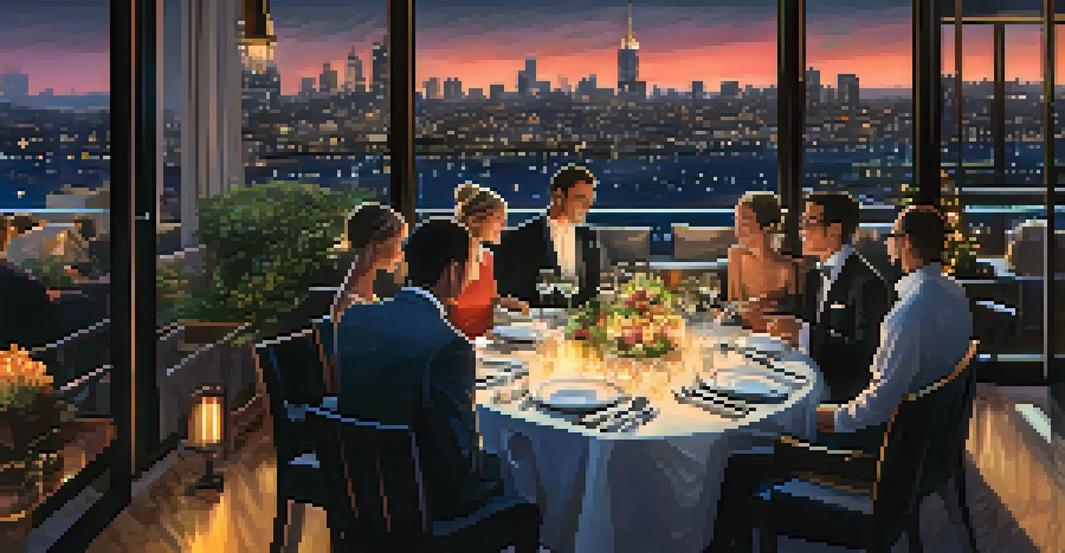 A family dining on a rooftop terrace with a city skyline view at night, surrounded by elegant table settings.