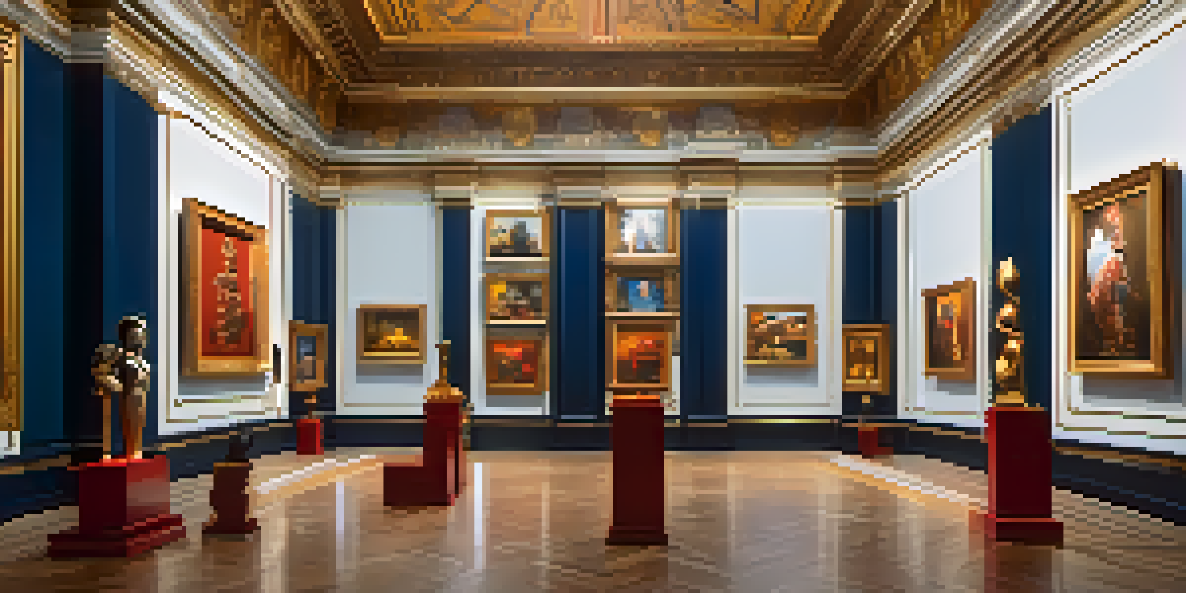 A virtual art gallery filled with animated sculptures and vibrant digital paintings, with visitors wearing VR headsets.