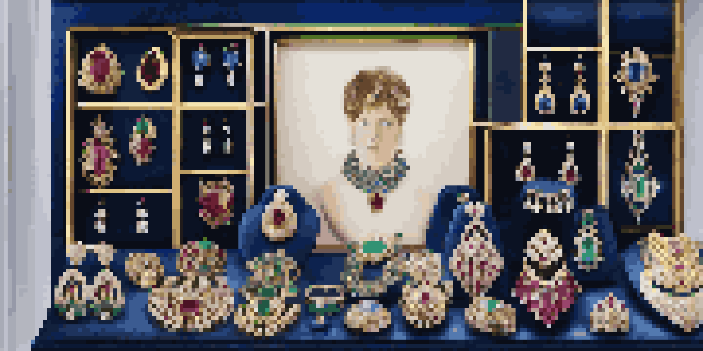 A luxurious display of various jewelry pieces, showcasing sparkling gemstones and intricate metalwork against a deep blue velvet background.