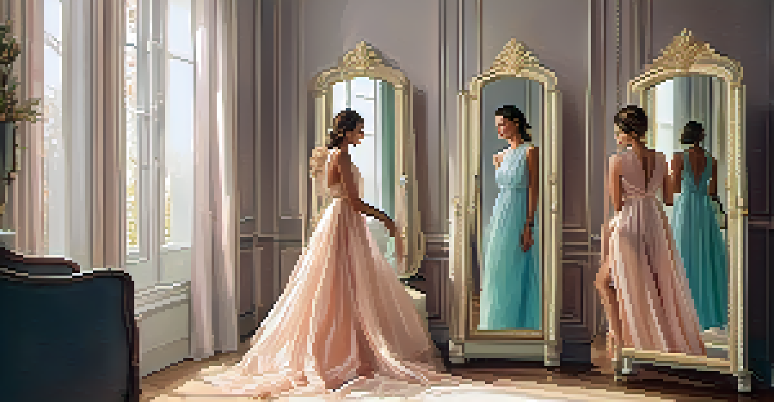 A young woman trying on a designer gown in a stylish dressing room, with a full-length mirror and elegant decor in the background.