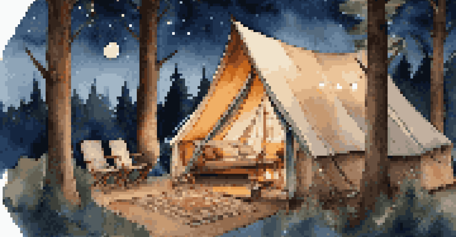 A luxurious glamping tent with a cozy interior and a campfire under the stars.