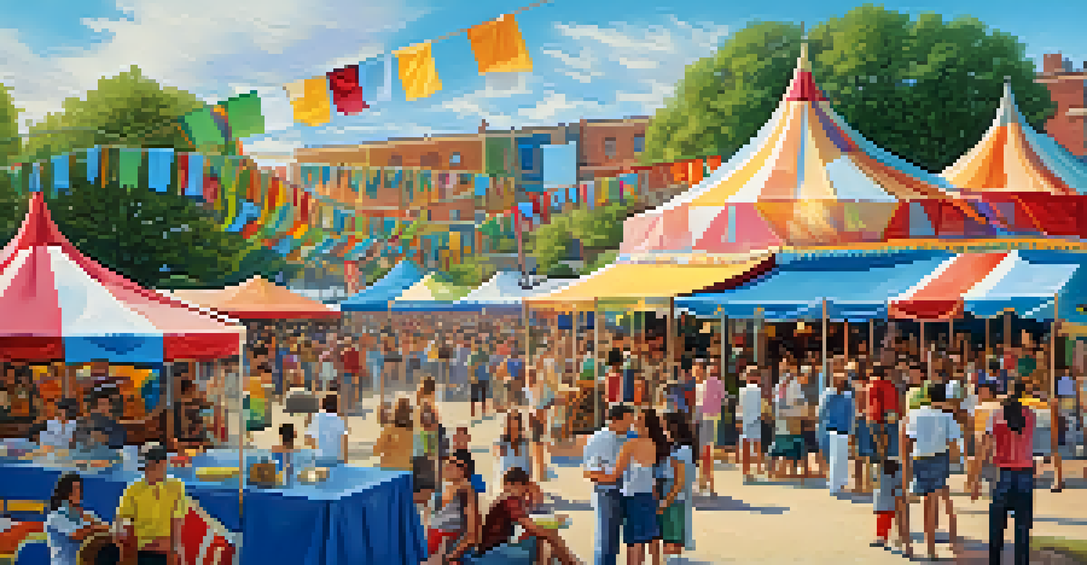 A lively community event with people enjoying activities under a clear blue sky, surrounded by colorful tents and a stage.