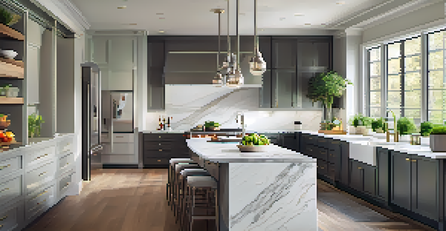 A luxurious kitchen with marble countertops and stainless steel appliances, natural light streaming in from large windows.