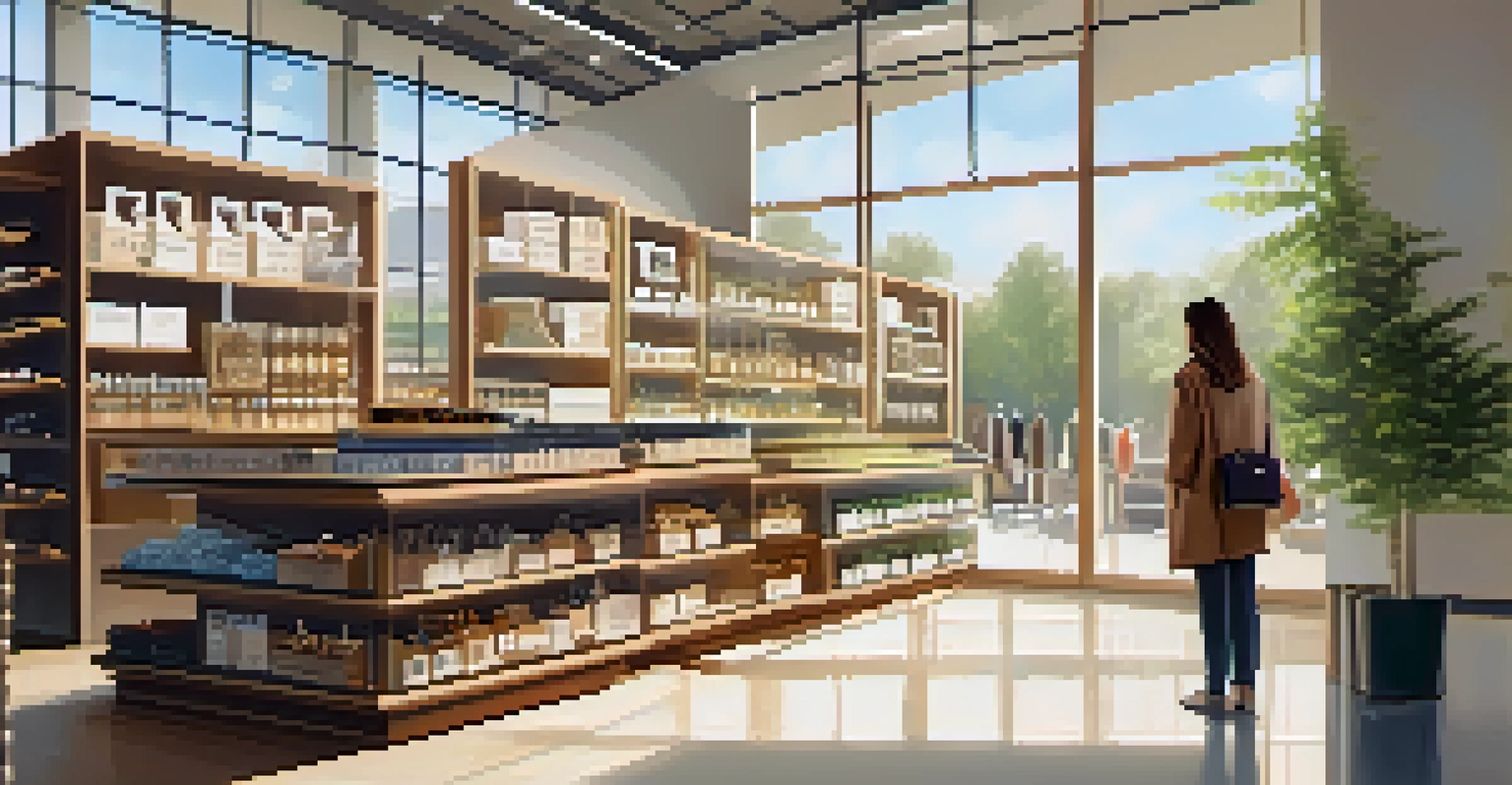 A shopper examining a sustainable luxury product in a bright, modern store.