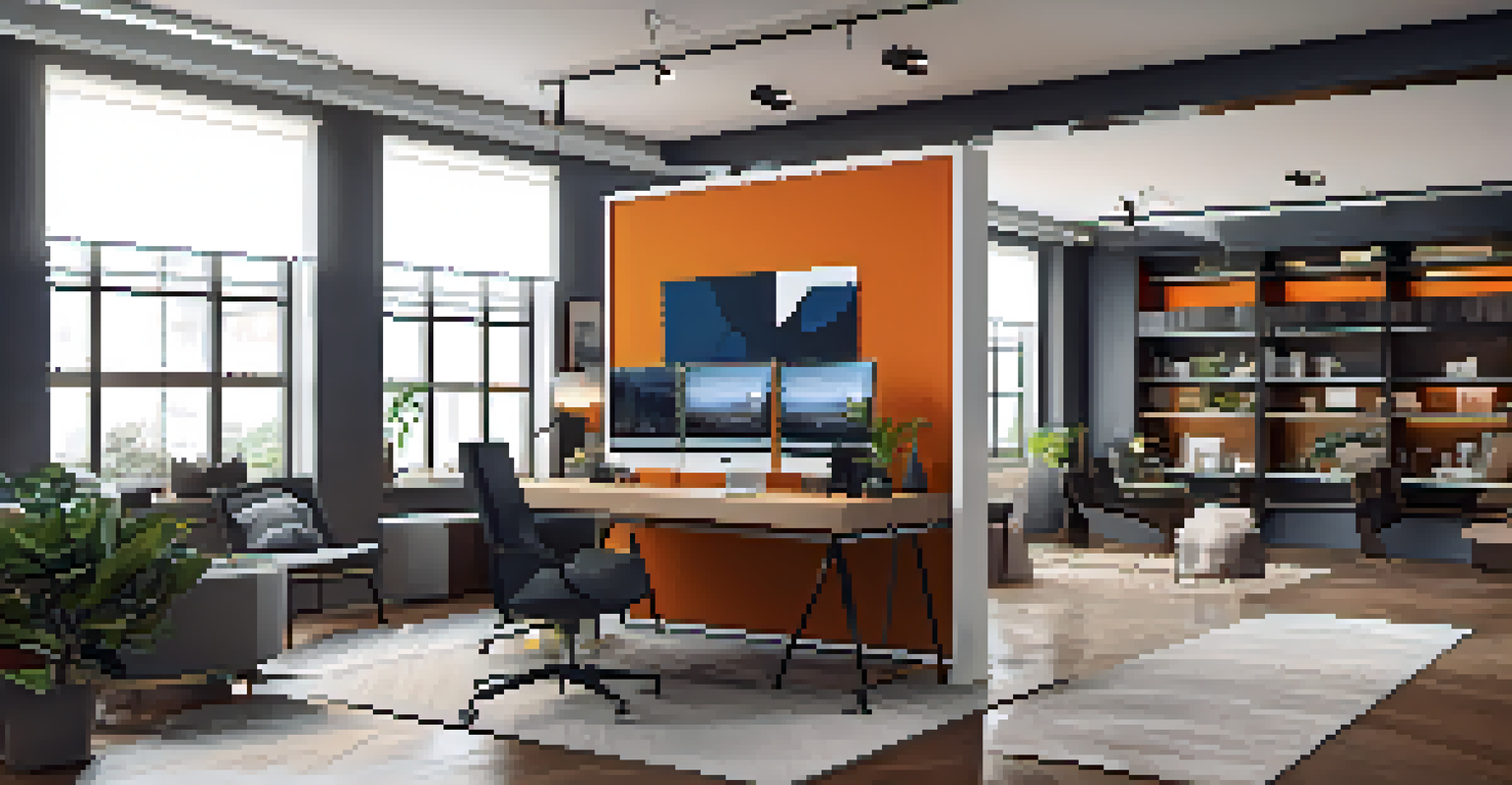 A modern home office with room dividers, a clean desk with advanced technology, and layered lighting creating a cozy atmosphere.