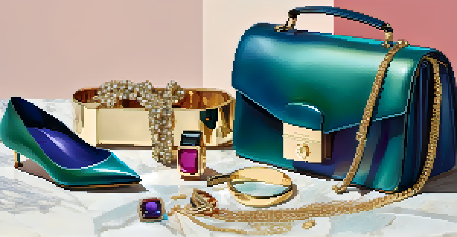 A flat lay of luxury fashion items on a marble surface, including a handbag and jewelry.