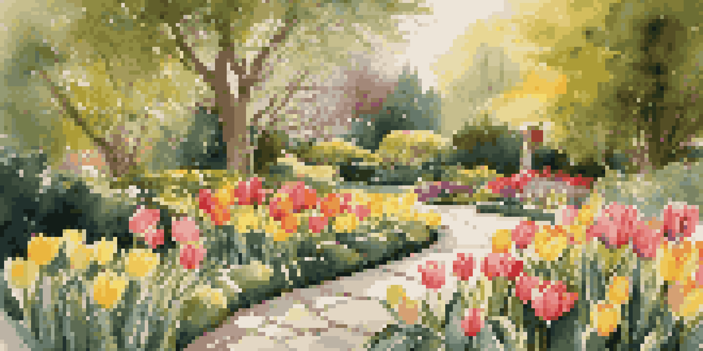 A vibrant spring garden filled with colorful tulips and daffodils, with a winding stone pathway and warm sunlight illuminating the scene.